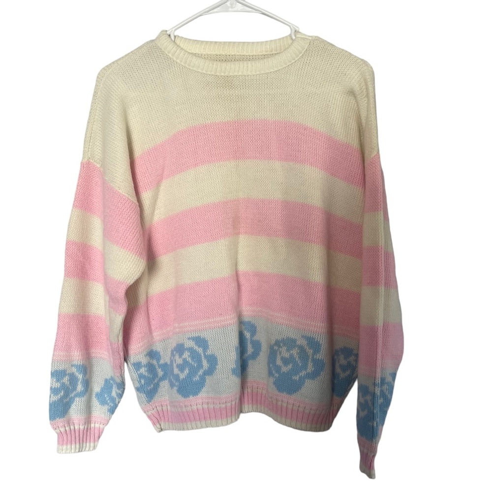 Vintage women’s Striped Floral Crew Neck Sweater Pink Cream sz XL - Picture 1 of 4